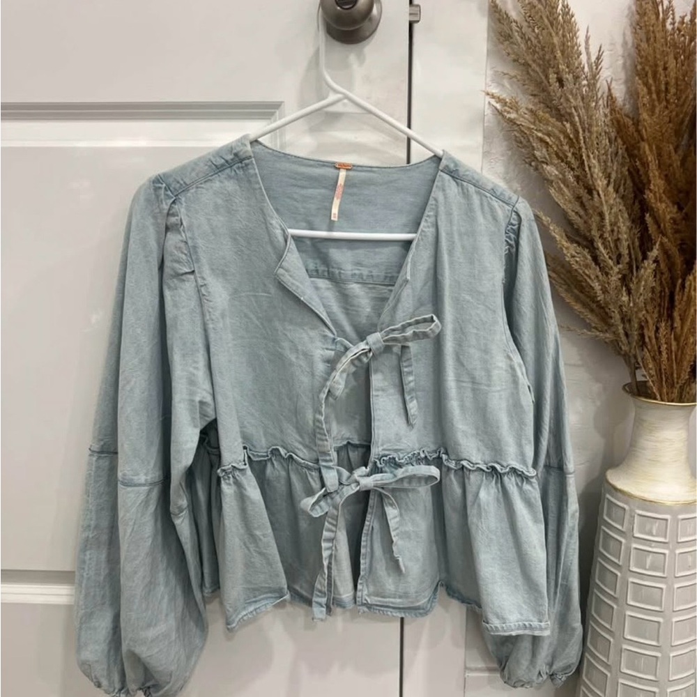 Free People Light Blue Tie-Front Blouse